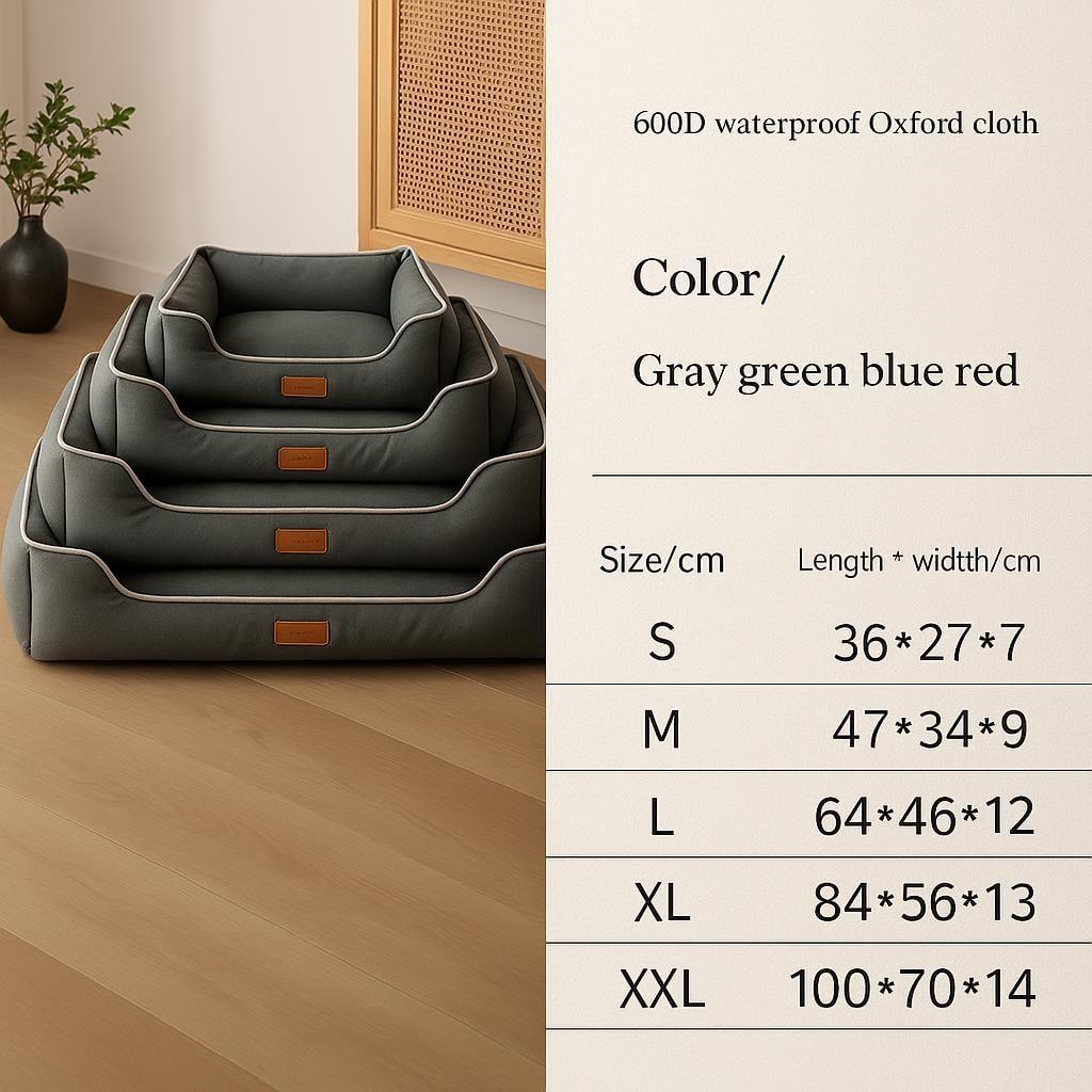 Tabla de tallas de camas Haven Hound: S 36x27x7, M 47x34x9, L 64x46x12, XL 84x56x13, XXL 100x70x14 cm